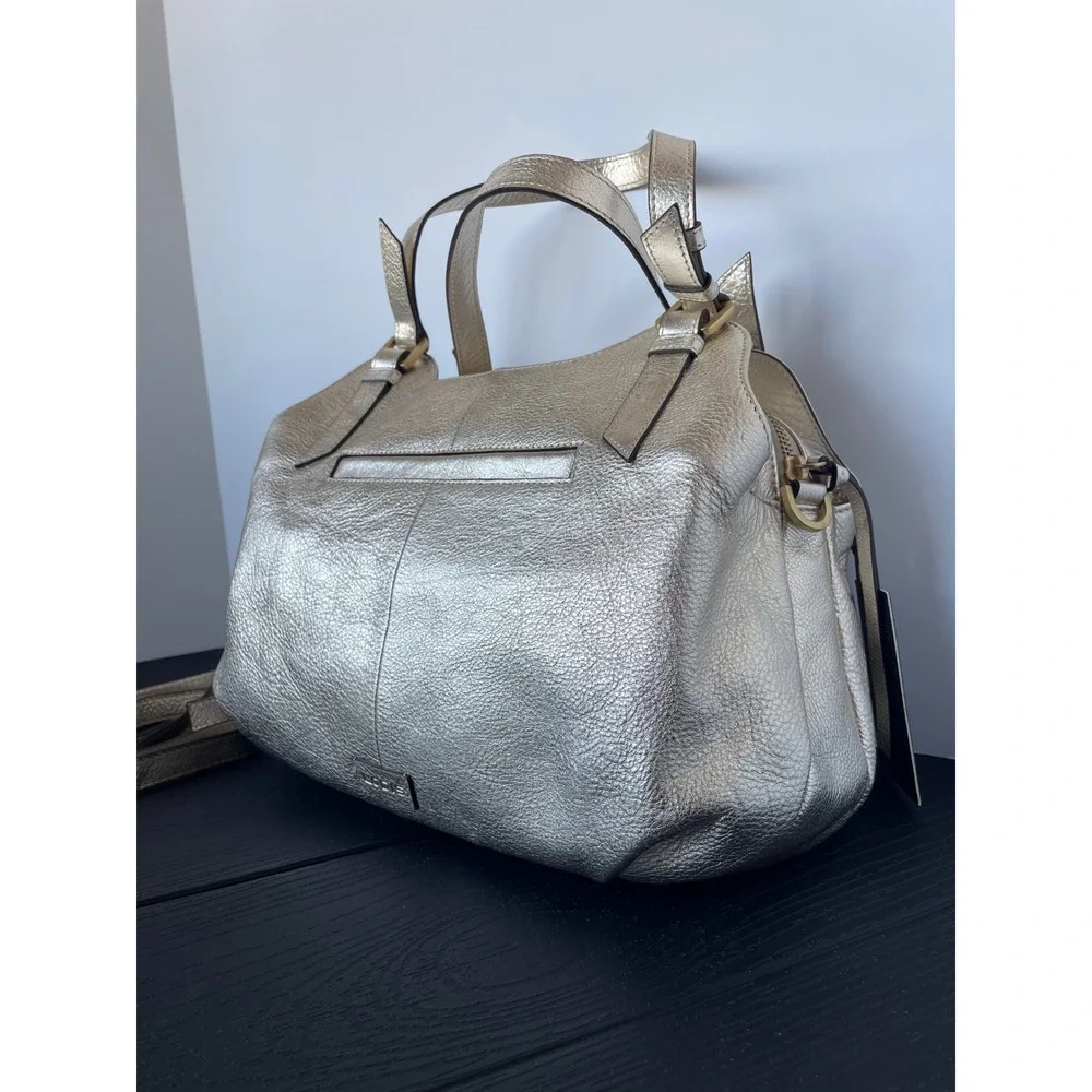 NEW Lodis Geniune Leather Handbag Skylar Satchel Gold Metallic Top Handle Purse